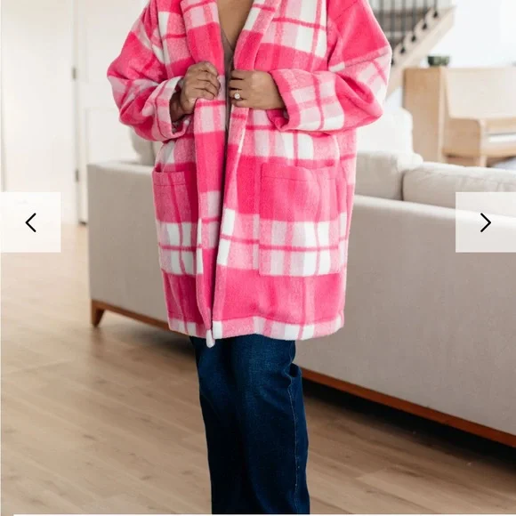 Pink Plaid Coat with White Accents - Picture 3 of 7
